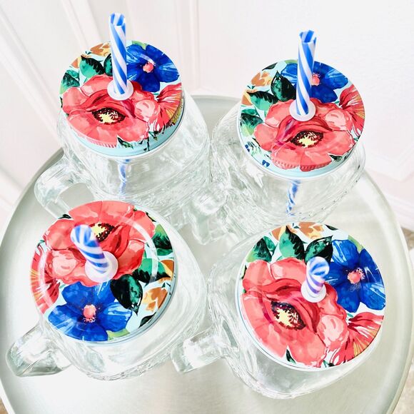 The Pioneer Woman Cassie 32 Oz Clear Glass Mason Jar Mug w/ Handle, Straw & Lid - Picture 4 of 13